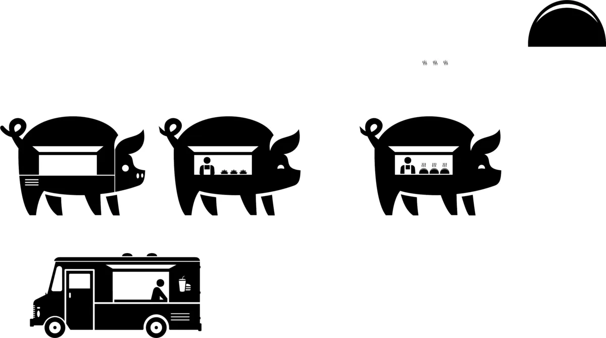 Design sketches turning the pig mark into a food truck with a service window