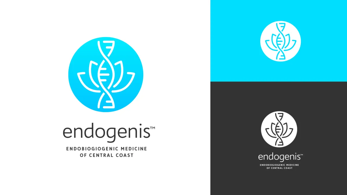 Endogenis identity board: a DNA-and-lotus mark in bright blue, shown in color and reversed versions