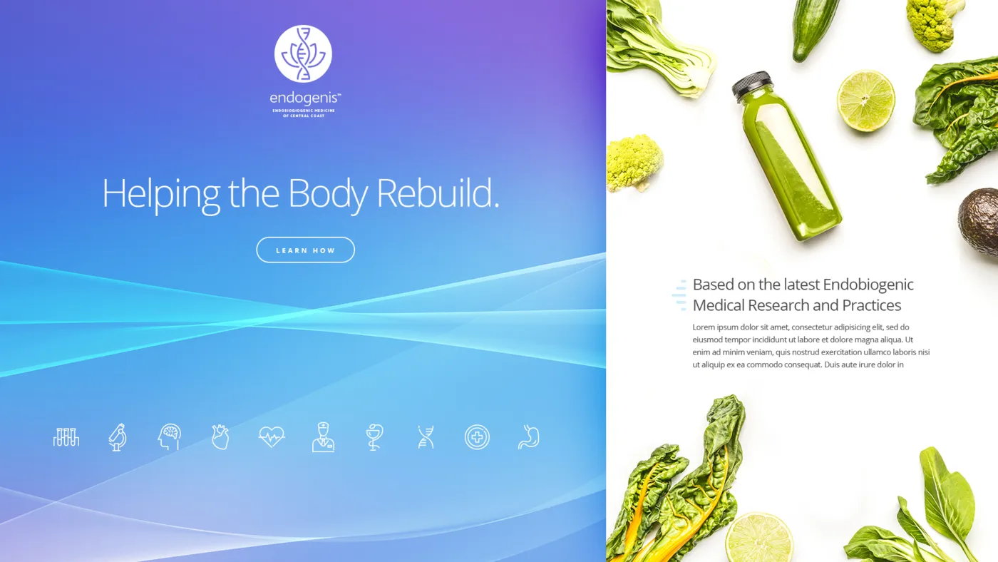 Endogenis website theme board: soft blue gradient hero reading Helping the Body Rebuild, with produce photography