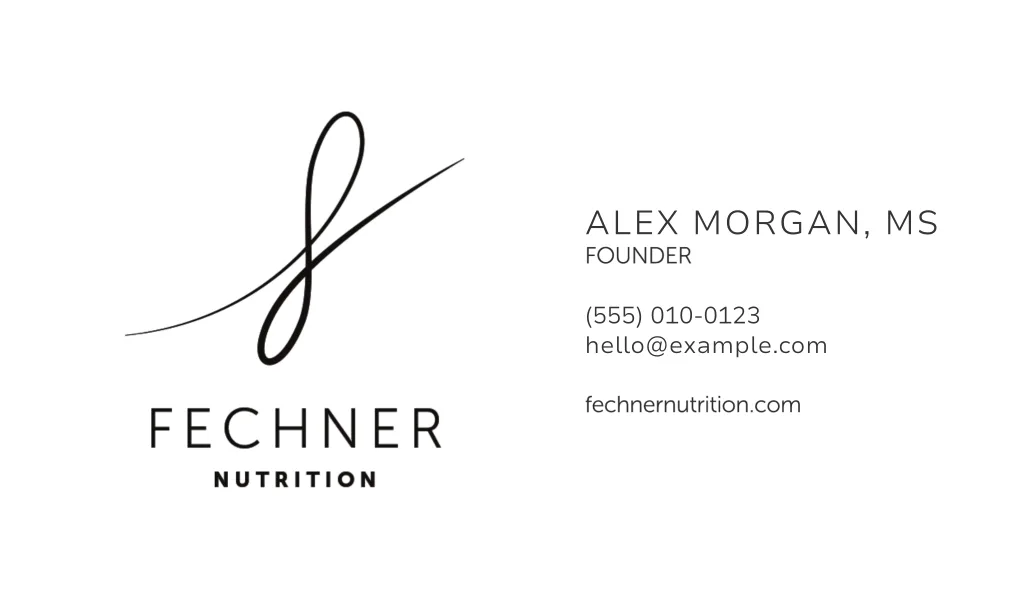 Fechner Nutrition business card front with the logo and placeholder contact details