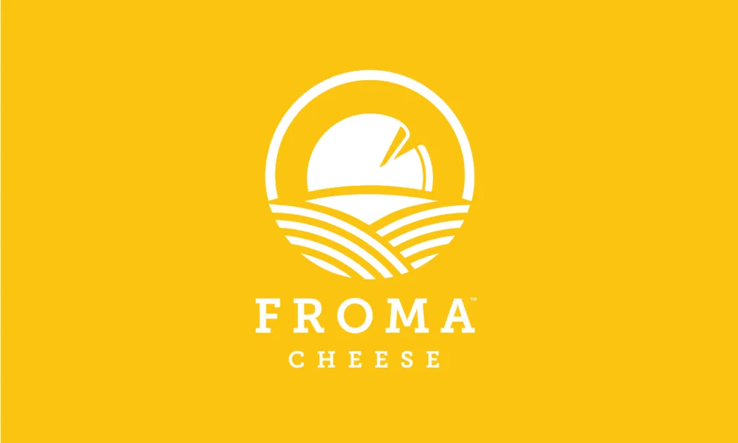 Froma Cheese business card back: the logo in white on golden yellow