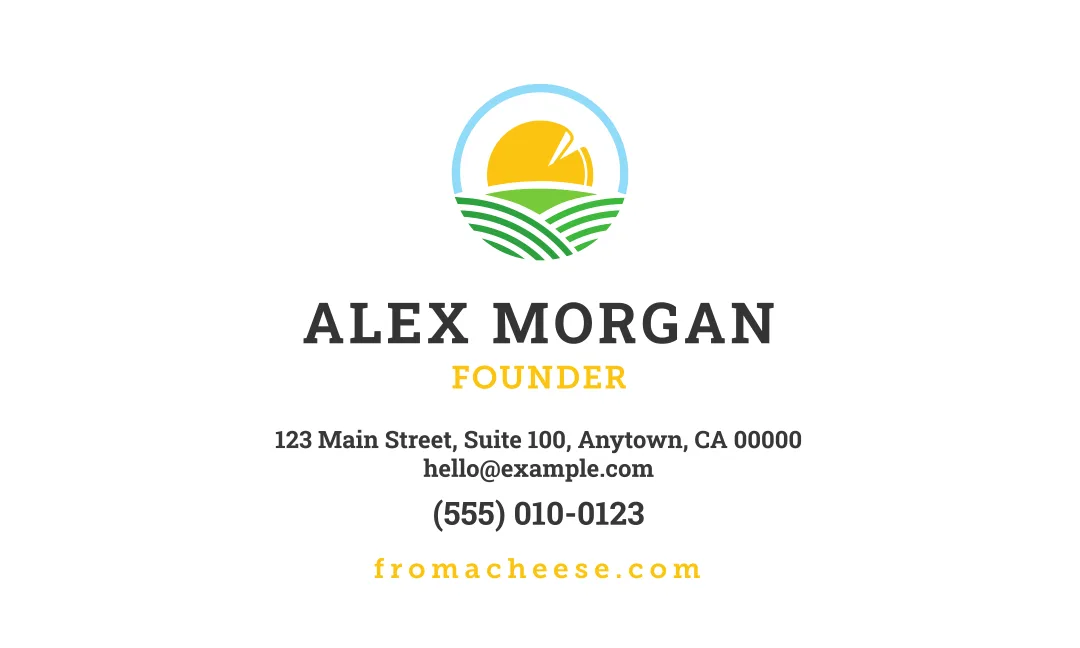Froma Cheese business card front with the logo and placeholder contact details