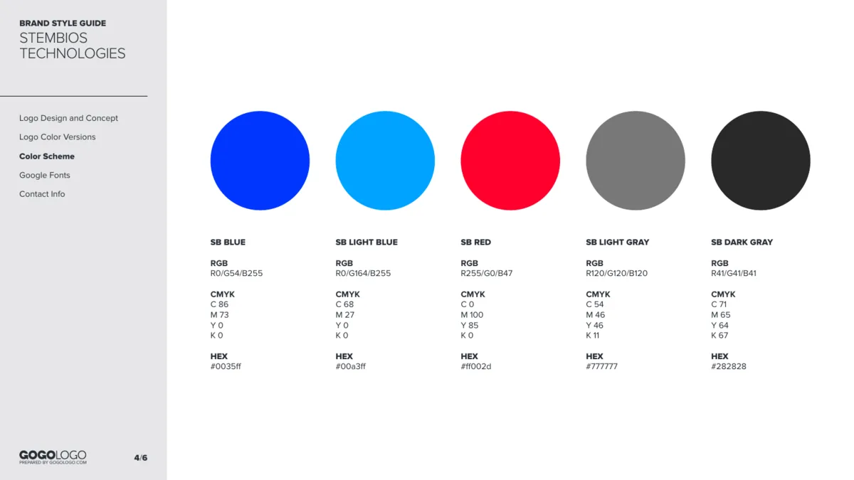 StemBios style guide color page: blue, light blue, red and two grays