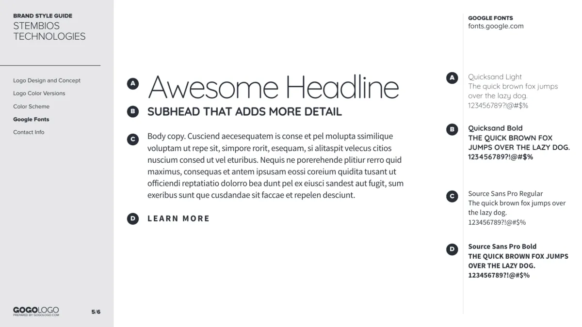StemBios style guide type page with Quicksand and Source Sans Pro