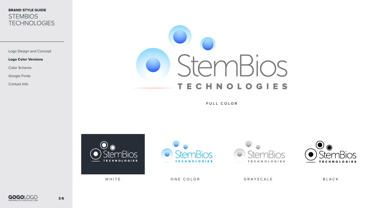 StemBios style guide page showing the logo in full color, white, one color, grayscale and black