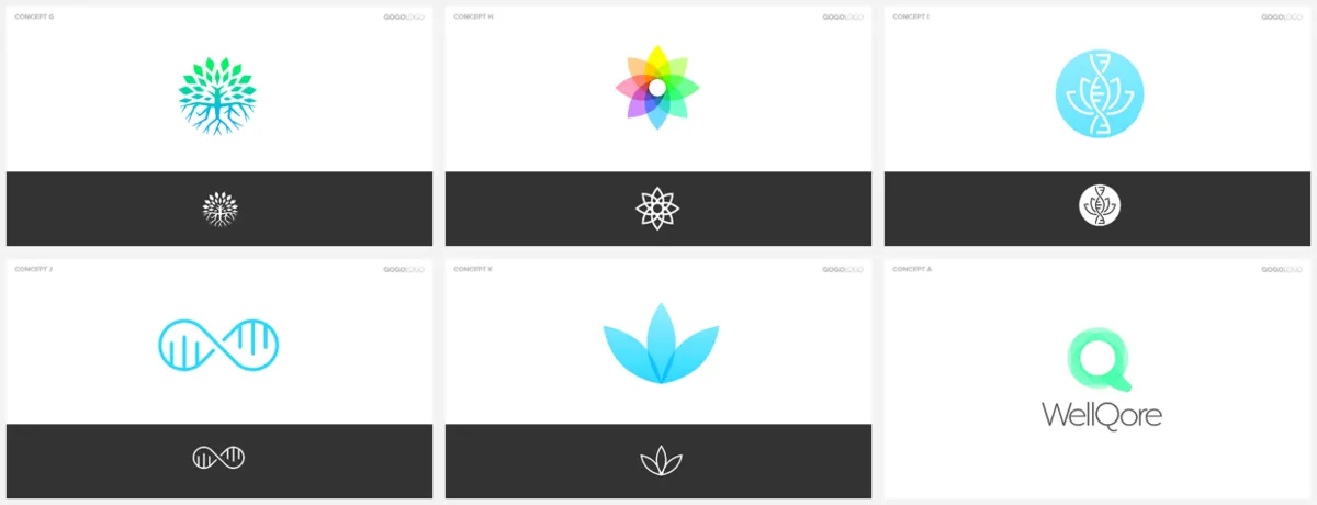 A sheet of six WellQore logo concepts from the second concept round