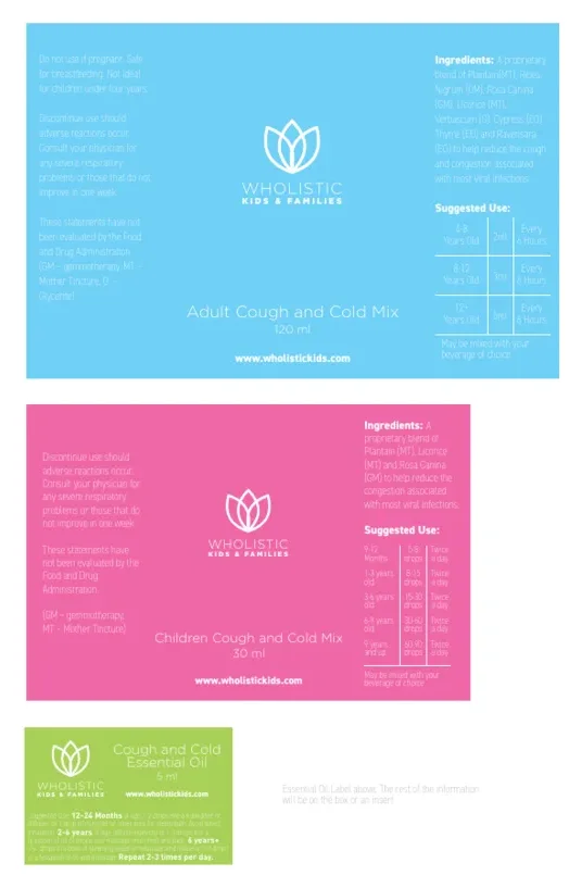 Wholistic Kids and Families product label sheet in blue, pink and green